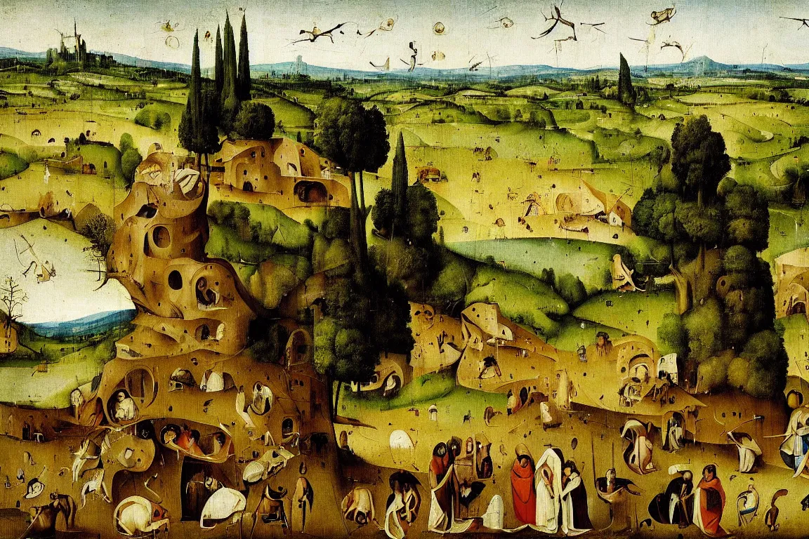 Prompt: Tuscan Countryside painted by Hieronymus Bosch