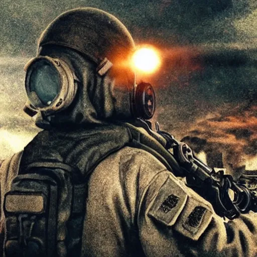 Prompt: a soldier wearing a gasmask carrying a nuke on his back, in battlefield