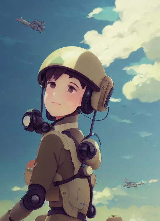 Prompt: portrait of cute pilot girl, smoky sky background, lush landscape, illustration concept art anime key visual trending pixiv fanbox by wlop and greg rutkowski and makoto shinkai and studio ghibli and kyoto animation, soldier clothing, military gear, airplane robot, war machine, sky girls series