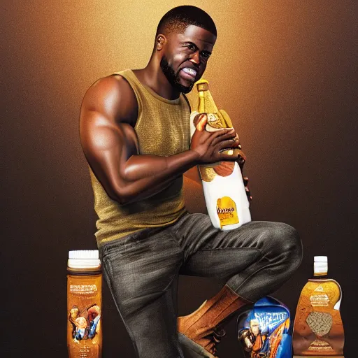 Image similar to clear portrait of kevin hart holding a gigantic bottle of milk, golden hour background, cottagecore!!, hyper detailed, character concept, full body, dynamic pose, intricate, elegant, highly detailed, digital painting, artstation, concept art, smooth, sharp focus, illustration, art by artgerm and greg rutkowski and alphonse mucha