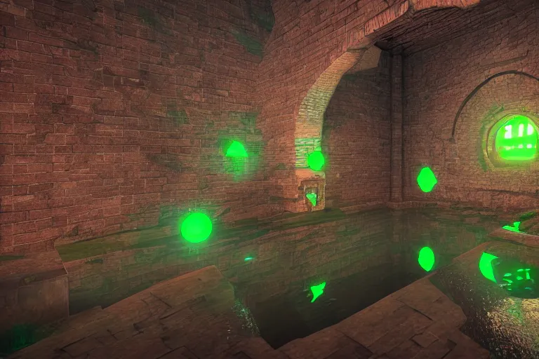 Image similar to stylized sewers environment, concave brick walls run along the center channel, pipes on the walls, a slight green glow emanates from the water, lively, Unreal Engine render, Artstation 4K