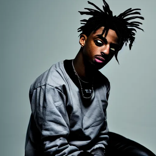 Image similar to portrait of down syndrome playboi carti sharp focus, 4 k editorial photograph, soft lighting, black background