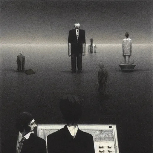 Image similar to Floating CRT monitors and business people by Beksinski