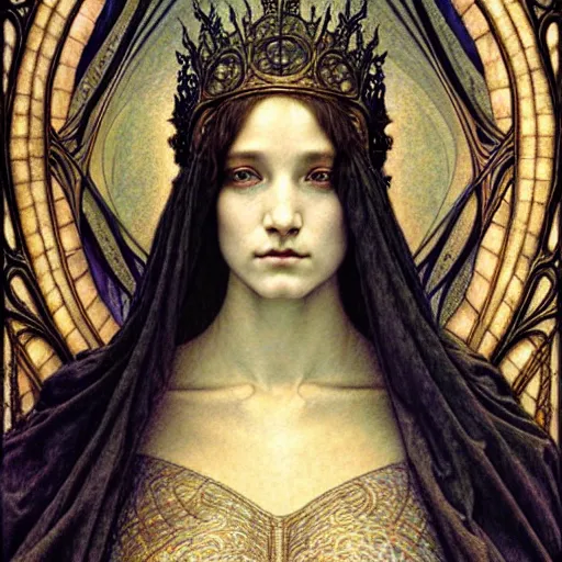 Image similar to detailed realistic beautiful young medieval queen face portrait by jean delville, gustave dore and marco mazzoni, art nouveau, symbolist, visionary, gothic, pre - raphaelite. horizontal symmetry