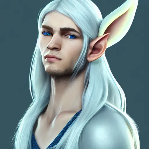 Image similar to a highly detailed portrait male elf, with white long hair, white clothes, bright blue eyes, artstation, DeviantArt, professional, octane render