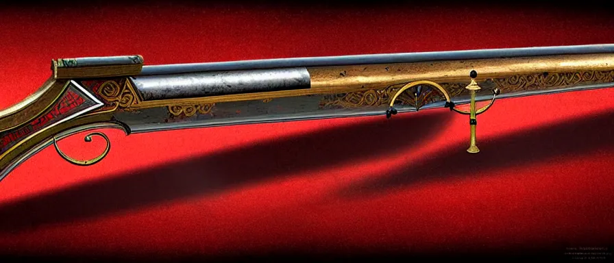 Image similar to a magical antique sawed - off double - barreled shotgun made from glossy red - painted wood and elements of gold metalwork, video game concept art