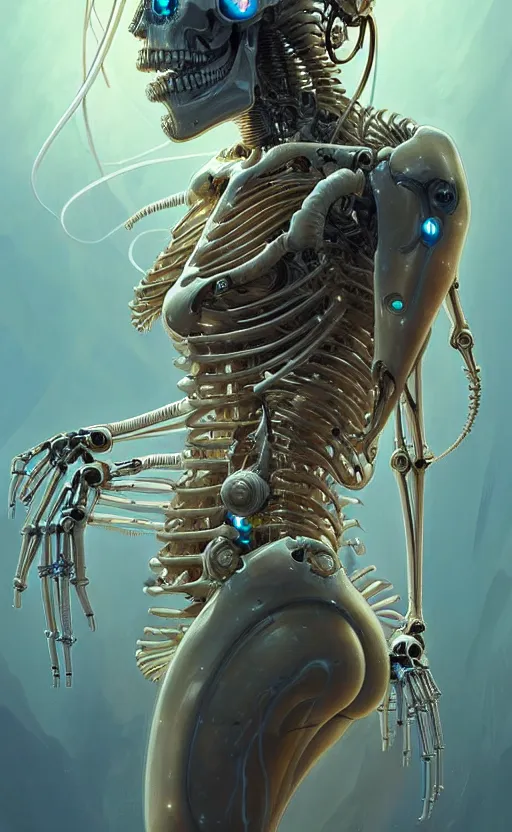 Image similar to Cyborg biomechanical jellyfish skeleton, sci-fi, highly detailed, digital painting, artstation, concept art, smooth, sharp focus, illustration, art by artgerm and greg rutkowski and alphonse mucha