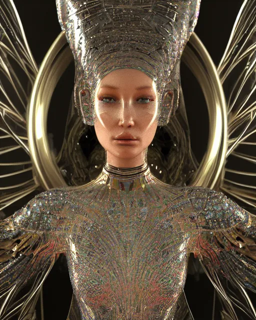 Image similar to a highly detailed metahuman 4 k close up render of an alien goddess bella hadid monument in iris van herpen dress schiaparelli in diamonds crystals swarovski and jewelry iridescent in style of alphonse mucha gustav klimt trending on artstation made in unreal engine 4