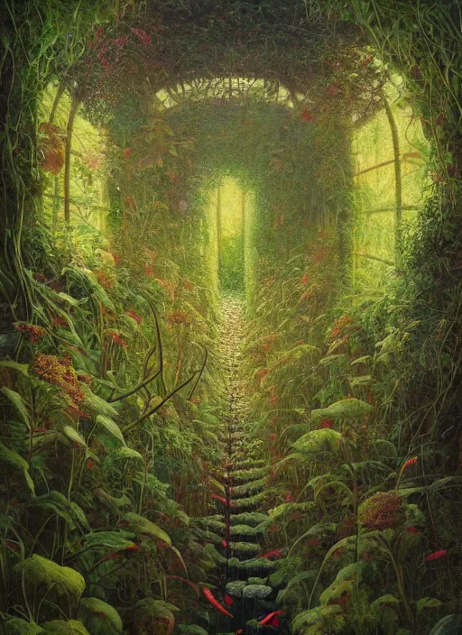 Image similar to A beautiful interior of an overgrown bus full of lush plants, rich vines and verdant flowers, digital art, trending on Artstation, thick atmosphere, fireflies flying around, 4k wallpaper, Zdzislaw Beksinski