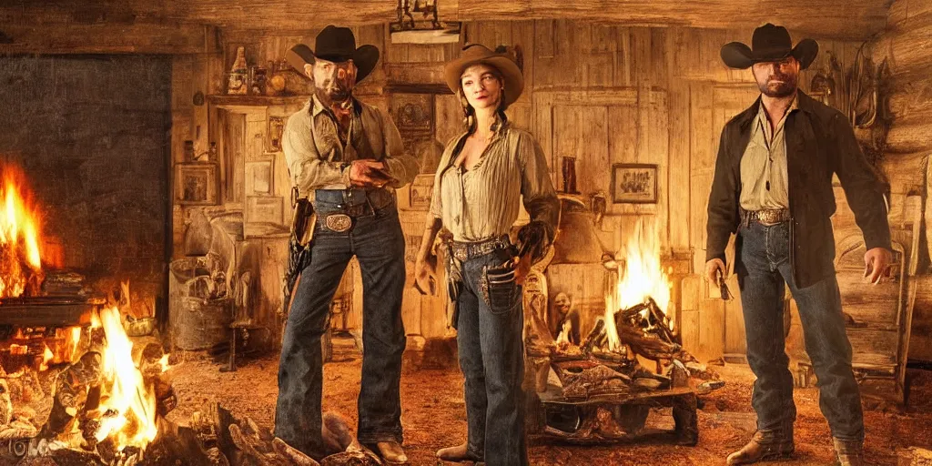 Prompt: in an old west cabin, close up shot of beautiful Mila Jovovich (alone) and Dave Bautista cowboy standing ((alone)) at his fireplace, in the style of Fredrick Remington, oil painting