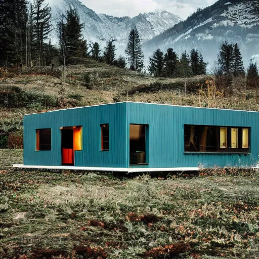 Image similar to wes anderson style modern futuristic house near the lake, snowy mountains and green forest, cinematic, realism, photo, detailed