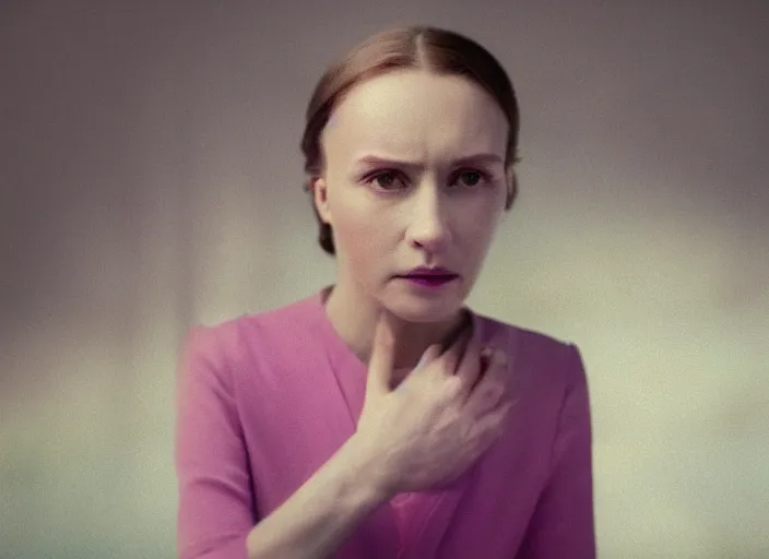 Image similar to cinematic mid shot of a high detail, refined woman's face looking off camera. fine facial features. she stands in an empty, pastel colourful 3 d, forrest scene, shallow depth of field, multiple copies of the woman, by jeffrey smart and gregory crewdson and edward hopper, inspired by the grand budapest hotel