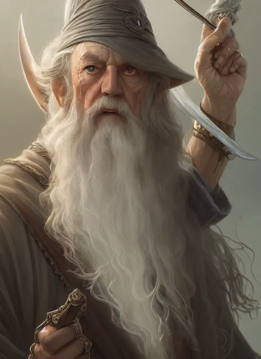 Image similar to gandalf, d & d, fantasy, intricate, elegant, highly detailed, digital painting, artstation, concept art, matte, sharp focus, illustration, hearthstone, art by artgerm and greg rutkowski and alphonse mucha