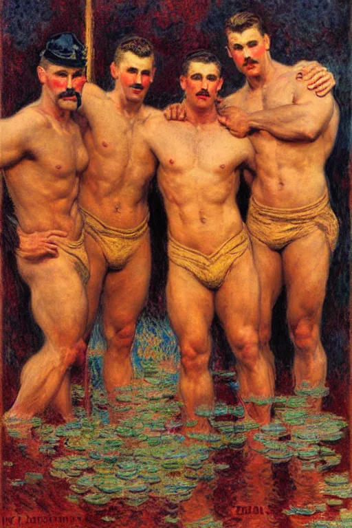 Image similar to attractive male firefighters of boston, painting by tom of finland, gaston bussiere, craig mullins, j. c. leyendecker, claude monet