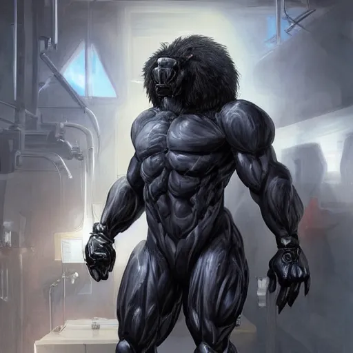 Image similar to splash art of a black - coated anthropomorphic horse supersoldier with gargantuan muscles in a research facility wearing a combat kevlar outfit, long white mane, highly detailed, furry, furaffinity, digital painting, artstation, smooth, sharp focus, illustration, art by artgerm, greg rutkowski, alphonse mucha, wlop