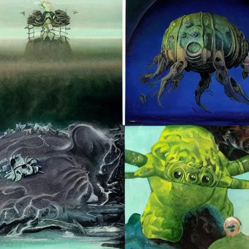 Image similar to a giant tardigrade kaiju retro japanese, monster slimy, oil painting, 7 0 s vintage art, by georgia o keeffe, by kay nielsen, by gustave dore, by frank frazetta, nausicaa, collage, by james gurney