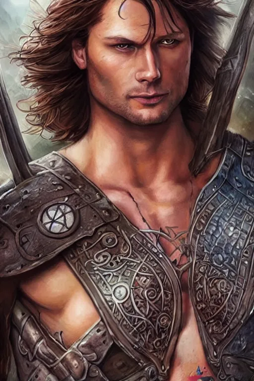 Image similar to romance book for women illustration, front portrait of attractive sam winchester as a viking warrior, clothes torn apart, muscular chest tattooed with runes and symbols, d & d!, fantasy style, sharp focus!, ultra detailed, art by artgerm and peter andrew jones, wlop