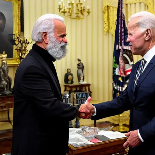 Prompt: Karl marx shaking hands with Joe biden, political photograph