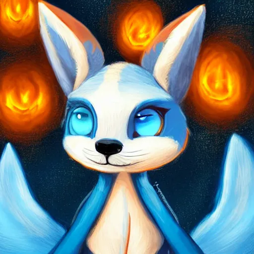 Image similar to furry ( fandom ) art of a cute anthropomorphic sandy fennec fox and blue eyes and wearing a blue sweatshirt holding fireballs, digital art, painting, trending on furaffinity, big eyes