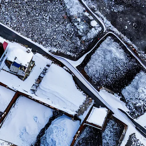 Image similar to snowy region on coast of Iceland, abandoned mine and crates full of supplies buried in snow::2 aerial drone perspective, top down view ::1 sattelite image of snow from 250 meters height, some coal boxes and barrels are covered in snow, old mine remains :: 1 post apocalyptic, snowstorm ::5