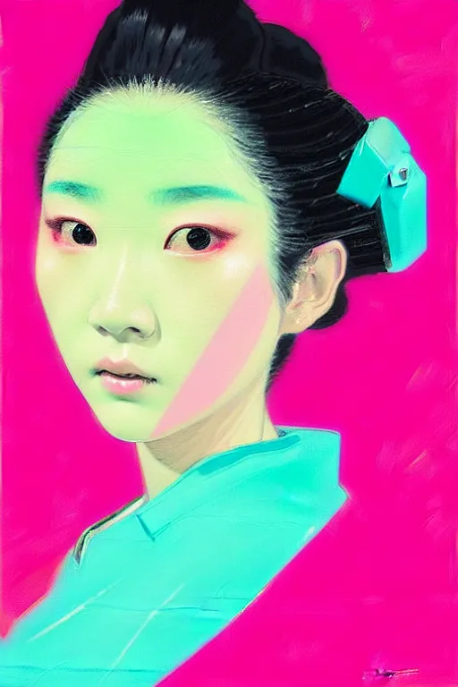 Prompt: portrait of a stylized japanese young geisha, painted in acrylic, pigment textures, in the colors hot pink and cyan, beautiful realistic face, rule of thirds, spotlight, by greg rutkowski, by jeremy mann, by francoise nielly, by van gogh, by ross tran, in focus