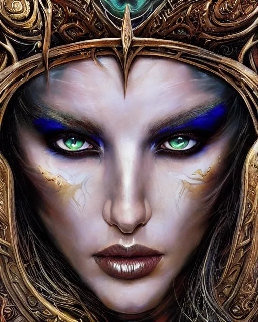 Image similar to a highly detailed airbrush painting of an evil female fantasy sorceress with piercing beautiful eyes art by karol bak and donato giancola and mark brooks, centered, full size, hires, 4 k, high resolution, sharp focus