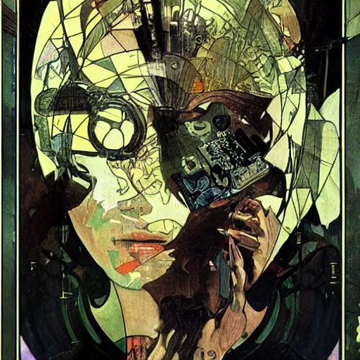 Image similar to cyberpunk dreaming by dave mckean and alphonse mucha
