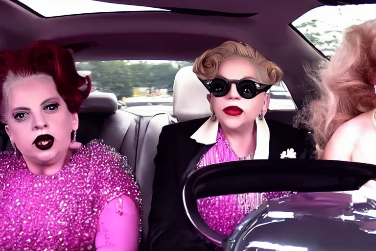 Image similar to carpool karaoke lady gaga and judy garland, highly realistic, highly detailed, high resolution, 8 k 4 k,