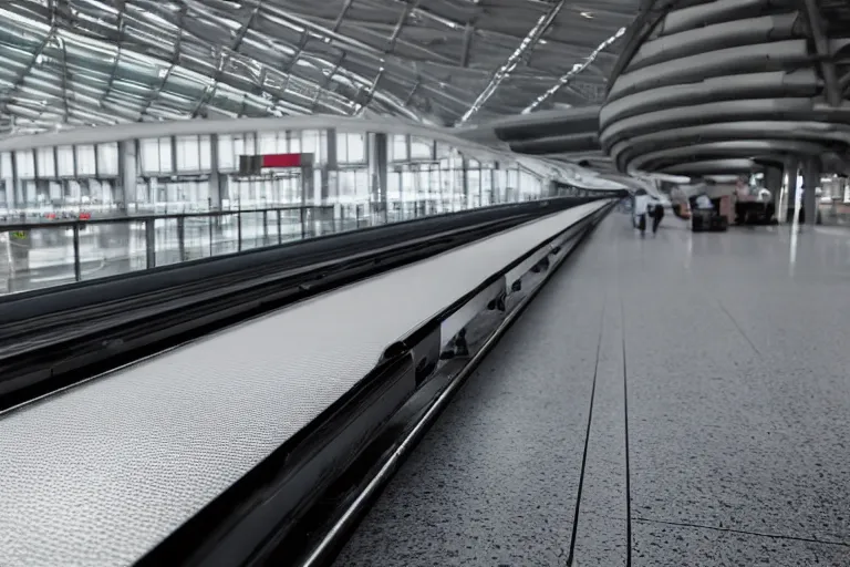 Prompt: a medium sized suitcase on an airport industrial conveyor belt, moving on its way to a plane, industrial conveyor belt in an airport, no people