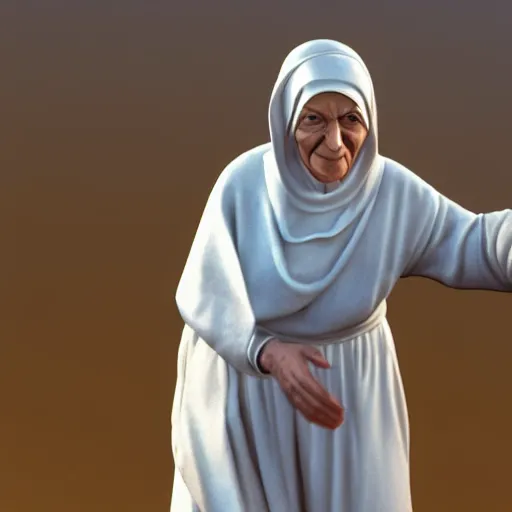 Prompt: pov mother theresa pointing a submachine at the camera, 3d model, hyperrealistic, dynamic shadows, dynamic lighting