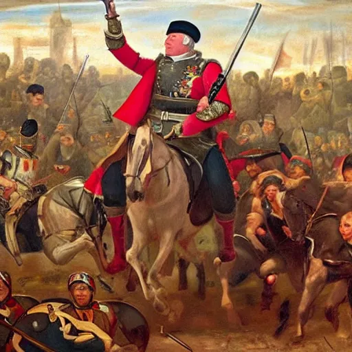 Image similar to found footage of general boris johnson leading his men into battle, glorified image, 8k, oil painting, renaissance style, fibbonacci layout