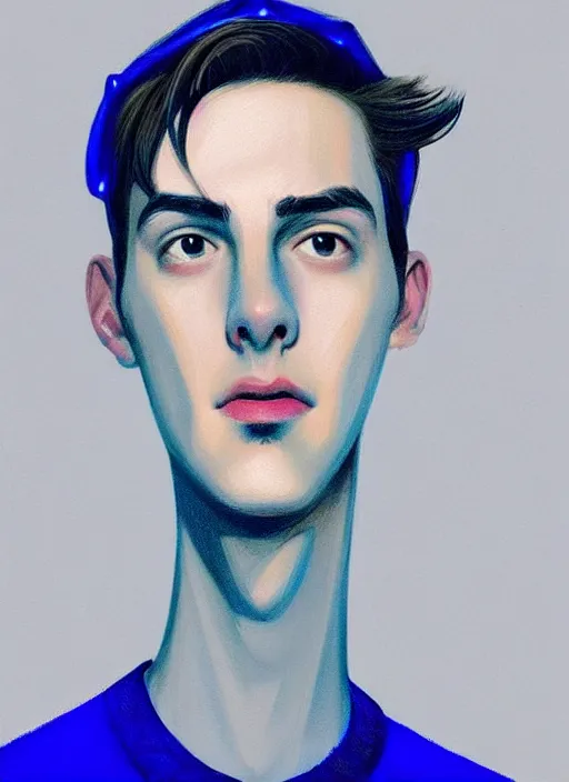 Image similar to portrait of teenage jughead jones wearing a light grey crown, crown, blue turtleneck, 1 9 5 0 s, closed eyes, photorealistic, black hair, glowing lighting, intricate, elegant, glowing lights, highly detailed, digital painting, artstation, concept art, smooth, sharp focus, illustration, art by wlop, mars ravelo and greg rutkowski