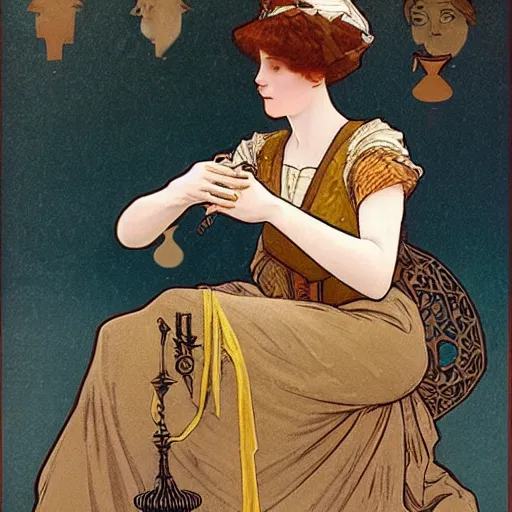 Image similar to a young edwardian woman playing chess, in the style of mucha