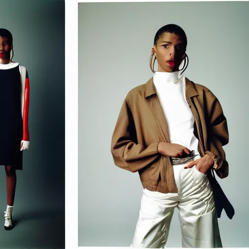 Image similar to realistic photoshooting for a new balenciaga lookbook, color film photography, portrait of a beautiful woman, in style of Tyler Mitchell, 35mm,