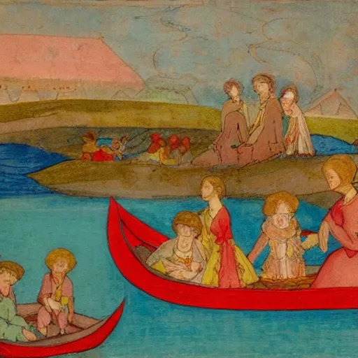 Prompt: The conceptual art depicts a group of well-dressed women and children enjoying a leisurely boat ride on a calm day. The women are chatting and laughing while the children play with a toy boat in the foreground. by Phoebe Anna Traquair flowing