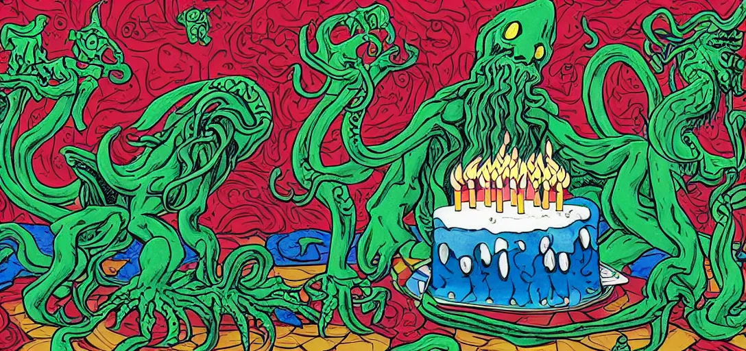 Image similar to Cthulhu laughing and blowing out the candles on his birthday cake, Mike Judge art style, 90's mtv illustration, surrealism, David Lynch film, fractal tile flooring, clean linework, vivid complementary colors