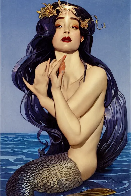 Prompt: Portrait, body centered, dark sultry beautiful mermaid with long flowing hair, iridescent scales on her body, fish tail, by j.c. Leyendecker, Brom, face by Otto Schmidt