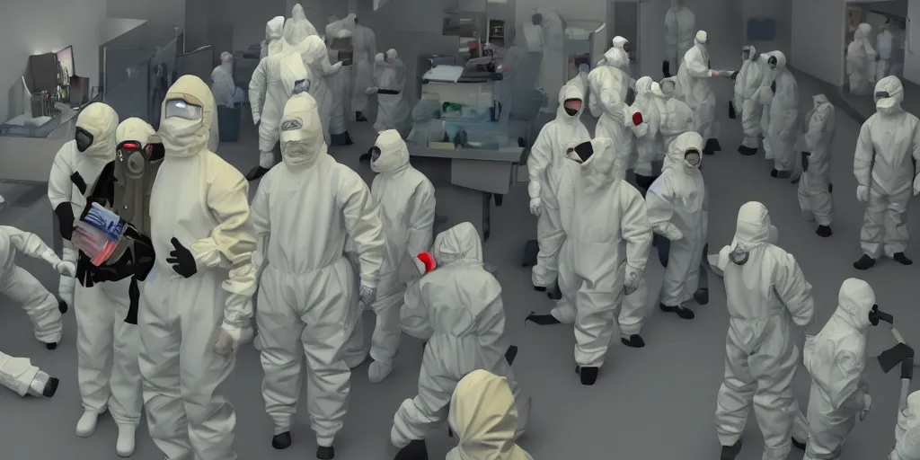 Prompt: woman wearing all black has shootout with staff, staff wearing hazmat suits, underground lab, sterile, unknown location, birds eye view, epic, light and shadows, concept art