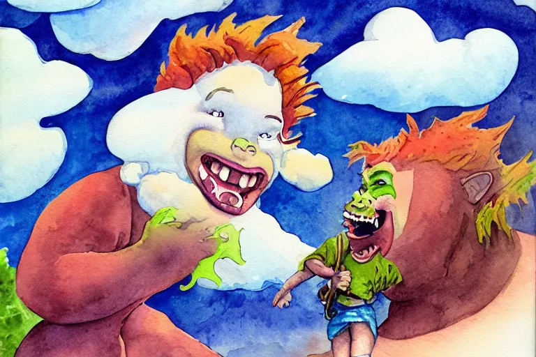 Prompt: giant ogre eating clouds, watercolor kid book illustration