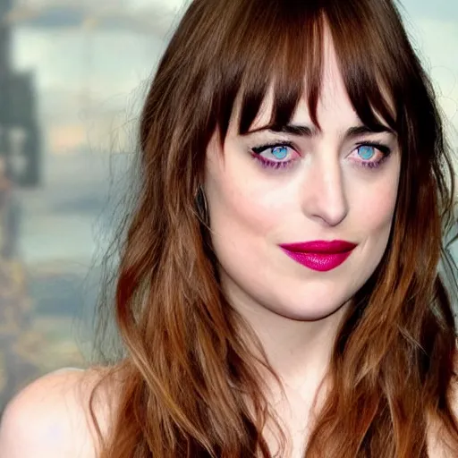 Image similar to beautiful dakota johnson with joker makeup, highly detailed, realistic face, detailed face, amazing digital art