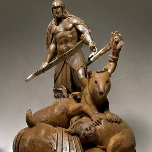 Prompt: greek warriors fighting against capybara, ancient greek statue, epic, detailled