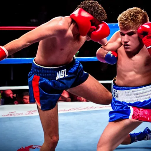 Image similar to jake paul vs mohammed ali, brutal boxing match, sports photography, sweat flying, hd high detail, professional photo