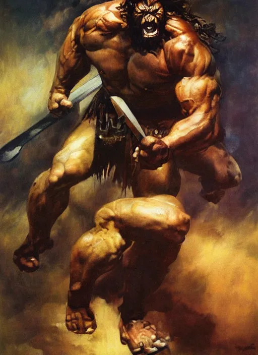 Image similar to portrait of barbarian fighting giant, coherent! by mariusz lewandowski, by frank frazetta, deep color, strong line, high contrast