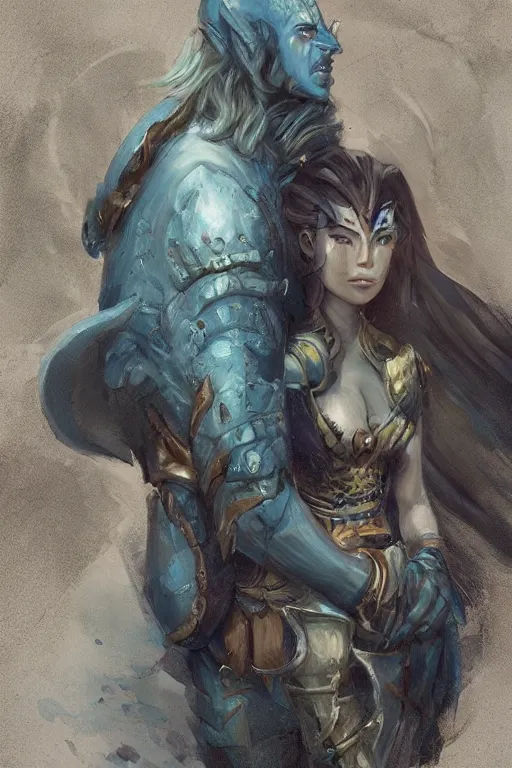 Image similar to a small blue-skinned triton girl wearing scale armor riding on a the shoulders of a large male goliath wearing fur and leather armor, dnd concept art, painting by ross tran and Tyler Jacobson