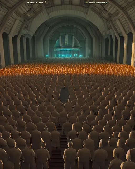 Image similar to scifi movie scene digital matte painting of a crowd in a futuristic church by craig mullins and ghibli, strong contrast, priest, pews, ethereal, inviting, bright, raking light, unreal engine 5, hyper realism, realistic shading, cinematic composition, blender render, octane render, hdr, detailed textures, photorealistic, wide shot