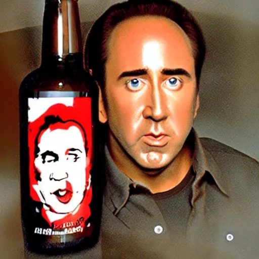 Image similar to Drinking of liquid Nicolas Cage from bottle.