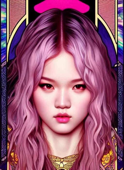 Image similar to jossi of blackpink, tarot card, highly detailed, digital painting, smooth, sharp focus, illustration, ultra realistic, 8 k, art by artgerm and alphonse mucha