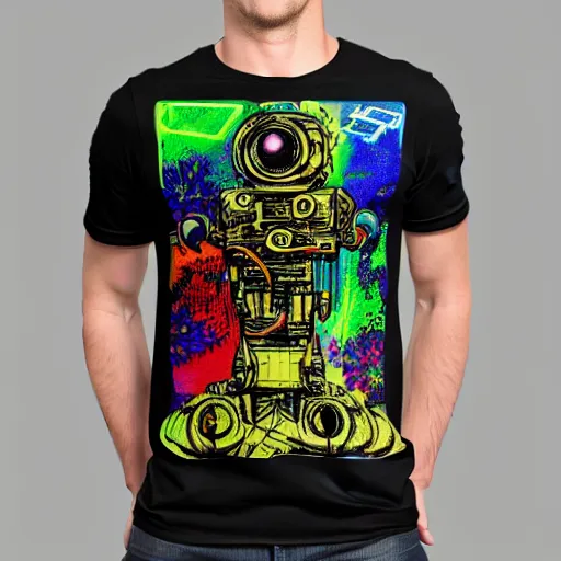 Image similar to mockup of a black tshirt with a hyperdetailed portrait of a steampunk robot on lsd, 8 k, symetrical, flourescent colors, happy trippy mood, multicolored,