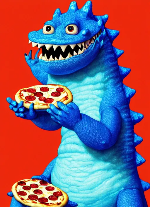 Image similar to portrait of a smiling small fat blue godzilla with a pizza, wearing a propeller beanie, intricate, elegant, candle light, highly detailed, digital painting, artstation, concept art, smooth, sharp focus, illustration, art by wlop, mars ravelo and greg rutkowski