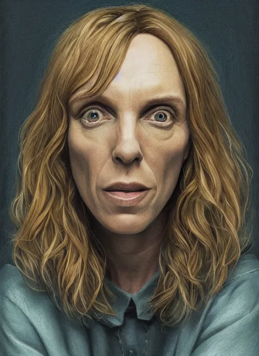 Prompt: portrait of Toni Collette in Hereditary (2018), highly detailed, centered, solid color background, digital painting, artstation, concept art, smooth, sharp focus, illustration, Jason Edmiston, donato giancola, Joseph Christian Leyendecker, Les Edwards, Ed Repka, WLOP, Artgerm